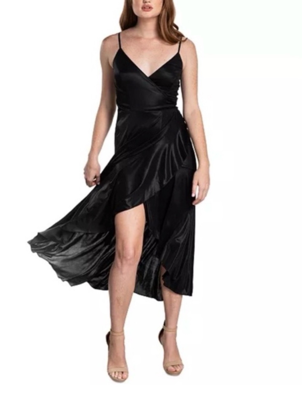 NWOT Dress the Population Black Satin Spaghetti‑Strap Wrap High-Low Midi Dress